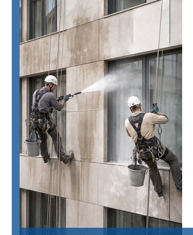 Послестроительная мойка фасада промышленным альпинизмом в Великом Устюге