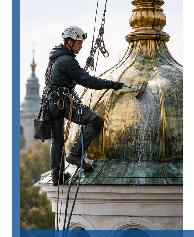 Профессиональная мойка куполов и шпилей высотными альпинистами в Великом Устюге