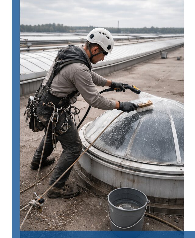 Мойка зенитных фонарей на кровле для промышленных объектов в Великом Устюге