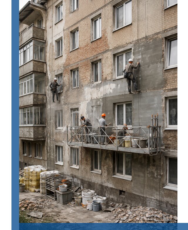 Капитальный ремонт фасада в Великом Устюге с восстановлением и гидроизоляцией