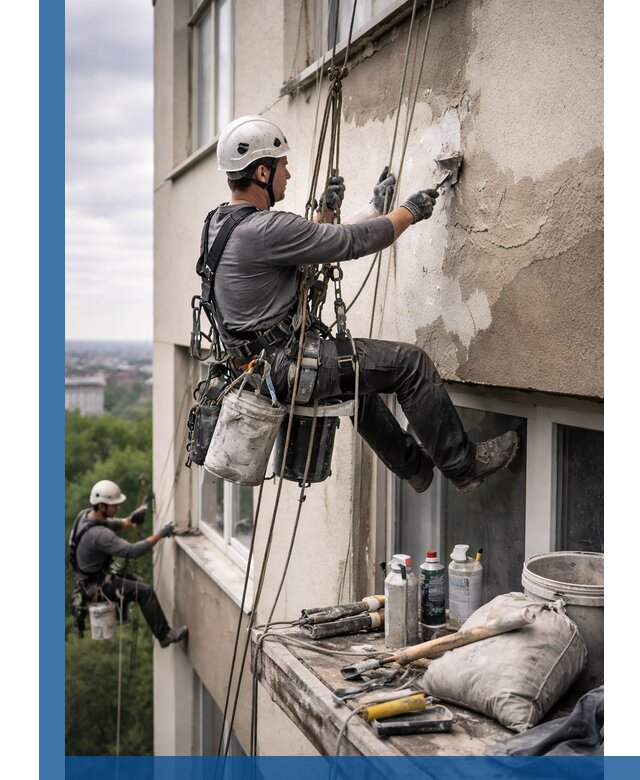 Косметический ремонт фасада зданий в Великом Устюге промышленными альпинистами