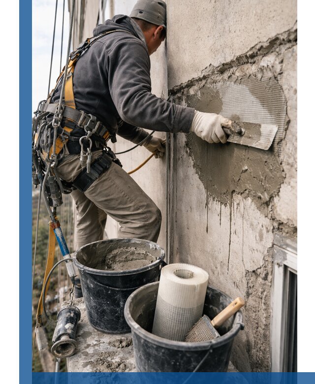 Ремонт бетонных элементов фасада промышленными альпинистами в Великом Устюге