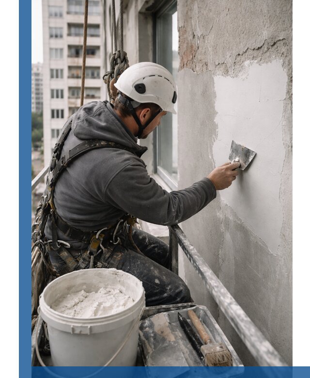 Шпаклевка фасадов на высоте с промальпинистами в Великом Устюге