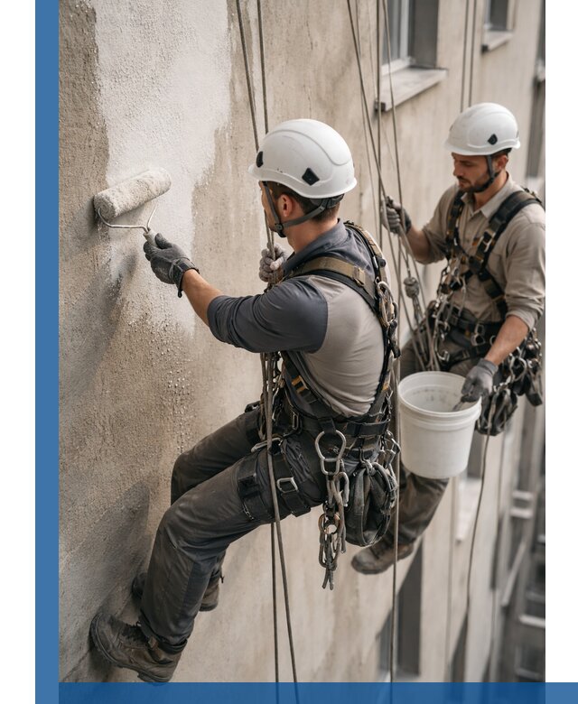 Грунтовка фасада на высоте в Великом Устюге промышленными альпинистами