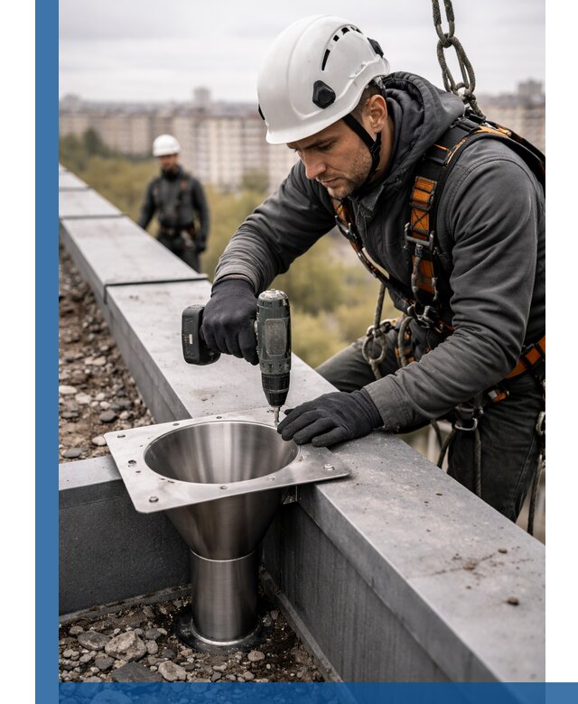 Монтаж водосточных воронок в Великом Устюге для промышленных зданий