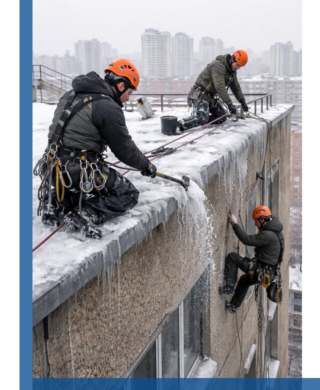 Удаление наледи с кровли в Великом Устюге промышленными альпинистами