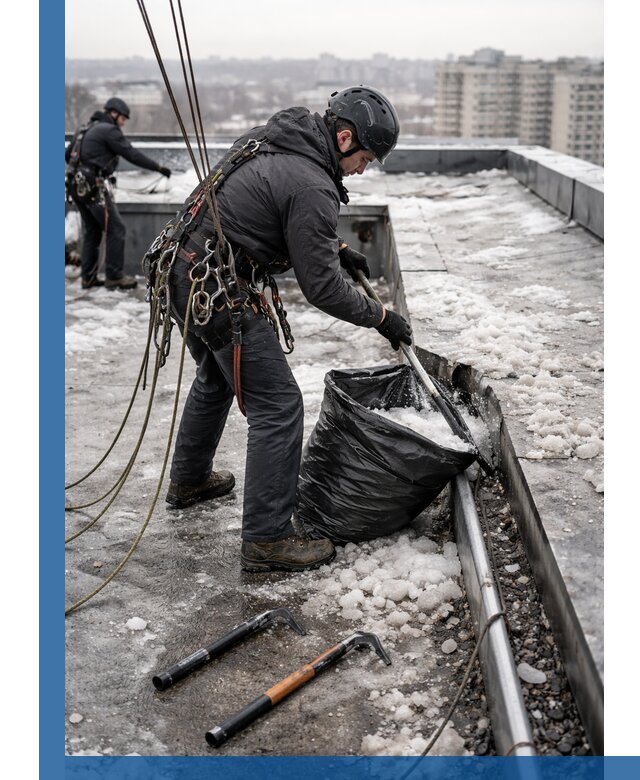 Аварийная очистка кровли в Великом Устюге от промальпинистов