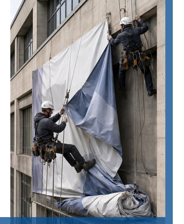 Демонтаж баннеров с фасада в Великом Устюге от 4581 р. | ВЫСОТНИК-Влс