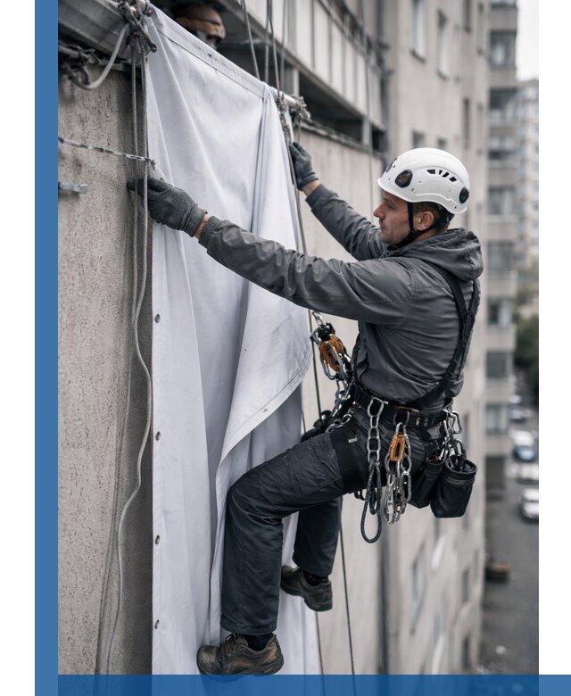 Замена баннерного полотна промышленными альпинистами в Великом Устюге