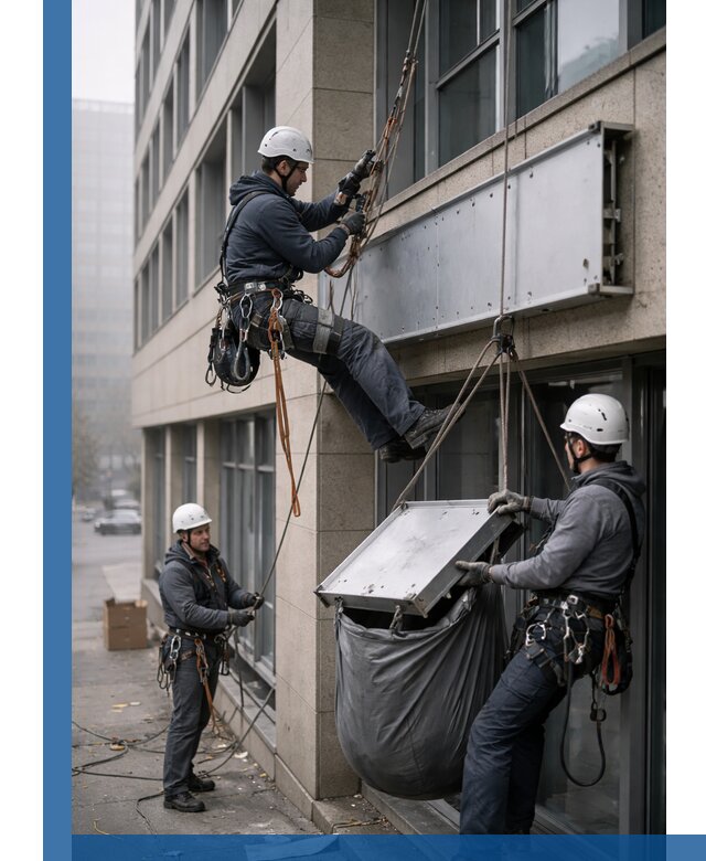 Демонтаж рекламной вывески с высотными работами в Великом Устюге