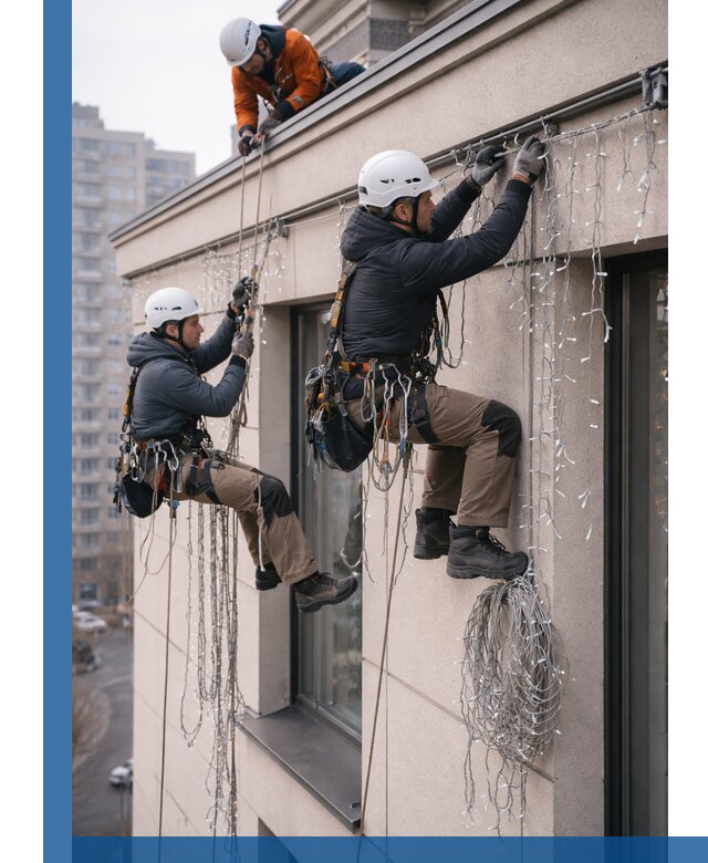 Монтаж праздничных гирлянд на фасаде в Великом Устюге для зданий