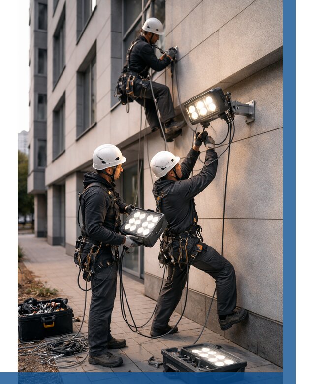 Монтаж прожекторов на фасаде в Великом Устюге от 7634 р. | ВЫСОТНИК-Влс