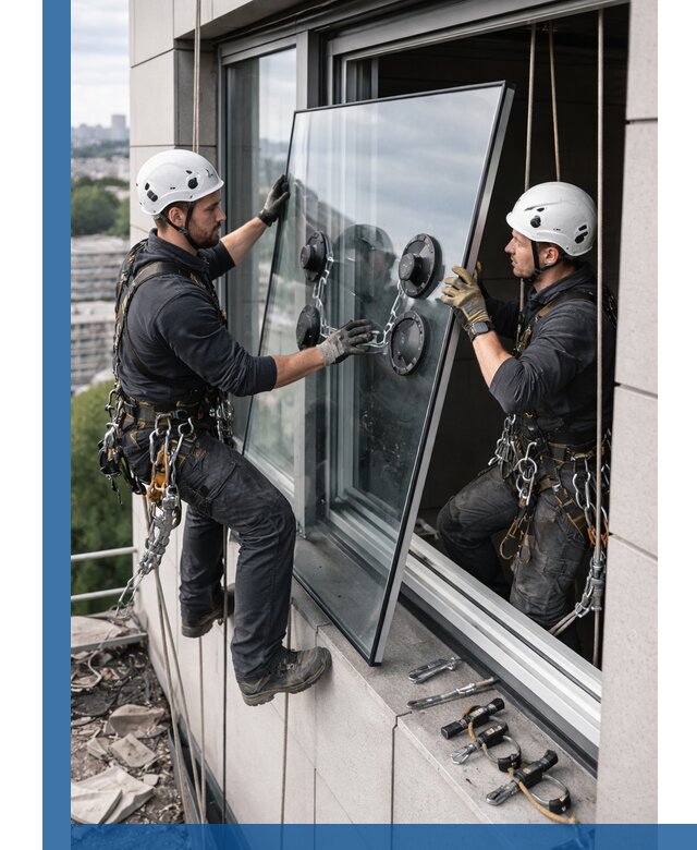 Замена стеклопакетов на высоте с промышленными альпинистами в Великом Устюге