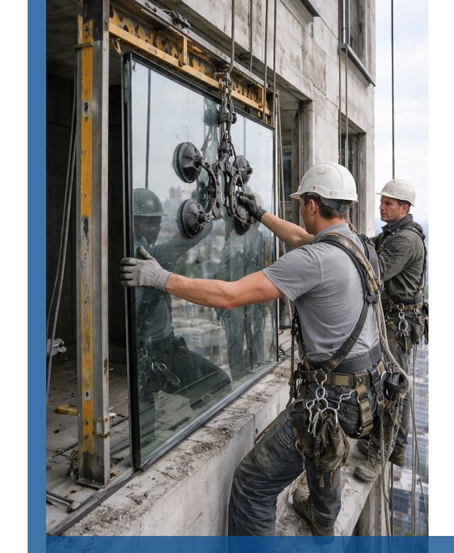 Монтаж стеклопакетов на высоте в Великом Устюге с промышленным альпинизмом