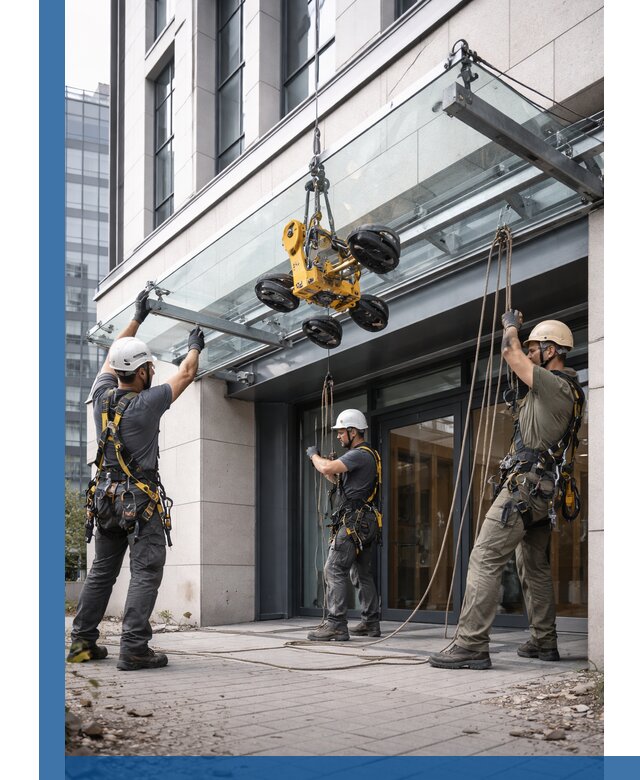 Монтаж стеклянных козырьков под ключ в Великом Устюге для зданий