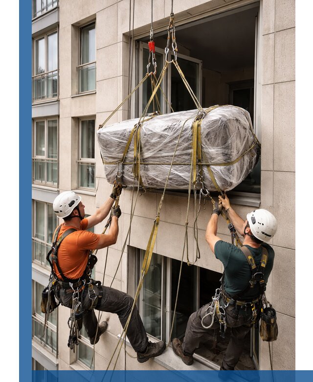 Подъем грузов через окно в Великом Устюге промышленными альпинистами