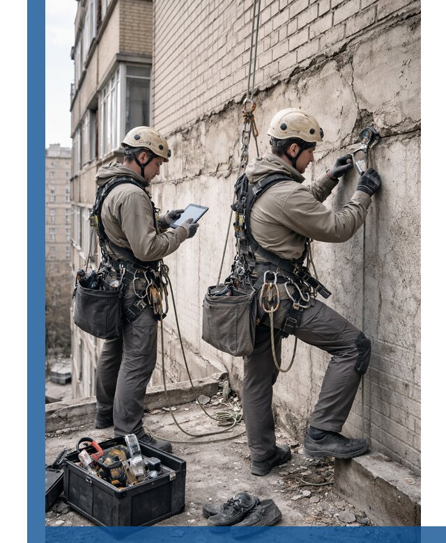 Обследование фасада промышленными альпинистами в Великом Устюге